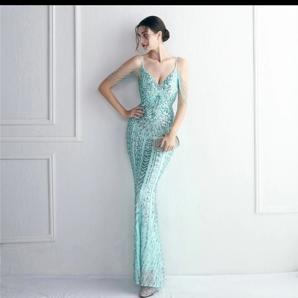 Dresses & Skirts - Mint Blue, V Neck, Sleeveless, Strapless, Draped Beads, Sequined Merm…